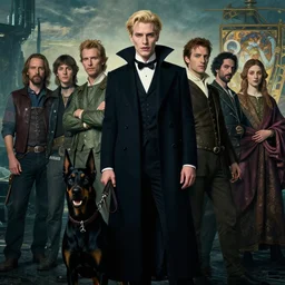 realistic detailed portrait movie shot of an elegant blond male vampire with a doberman on a leash, sci fi landscape background by denis villeneuve, amano, yves tanguy, alphonse mucha, max ernst, caravaggio, roger dean, masterpiece, rich cold moody colours, dog teeth, blue eyes