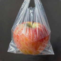 apple in a plastic bag, hyper real painting