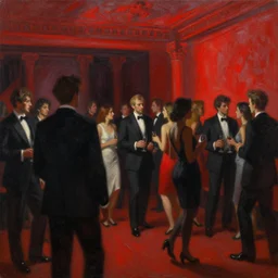 a beautiful painting, party in the style of stefan norblin, red and black colour scheme