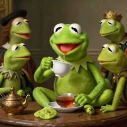 kermit the frog sipping tea with his friends as a renaissance painting, high definition, detailed, clean