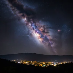 a beautiful double exposure of a deep field astrophotography image by hubble in the sky and a night time landscape with mountains and a cityscape, lpoty, award winning, apod, nebula