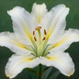 achingly beautiful extreme close up painting of one white lily blossom on green background rene magritte, monet, and turner. piranesi. macro lens, symmetry.