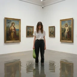 realistic painting of a flooded spanish art gallery in marbella, a tall emo girl, holding a courgette, paintings on walls, floodwaters, squid ink, the grim reaper, pomegranates, waterfall from the wall, black swans, octopus, sensual, puddles, zen, surrealist, by magritte and monet