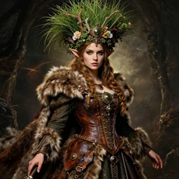 beautiful portrait depicted a scene with an elf girl queen, clothed with a rich victorian cloth made of fur and leather, with a lot of ancient decor, also she wears a huge beautiful crown made of grass, flowers and bark. by daniel f. gerhartz and artgerm and greg rutkowski : : dark fantasy art, intricate details, energetic mood, dynamic lighting : : golden ratio composition, trending on artstation, poster, volumetric lighting, 4 k, 8 k