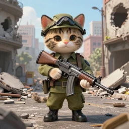 A kitten in a detailed military uniform, holding a detailed Heckler-Koch HK M27 machine gun in its paws, stands on a detailed street of a destroyed city. Many details. Styled by Hosan Gonzalez, Mike Winkelmann, Andreg Rutkowski, Alphonse Mucha, Caspar David Friedrich, Stephen Hickman, James Gurney, and Hiromasa Ogura. Rendered in Blender and Octane Render volumetric natural light