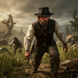 close character shot. lighting by greg rutkowski and james gurney. stumbling upon j. r. r. tolkien's middle - earth as a secret level in red dead redemption 2