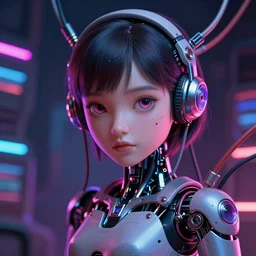 Cute cyborg girl , surrounded by cables , illustrated by Greg Rutkowski and Moebius, 35mm lens, beautiful macro close-up imagery, vibrantly lush neon lighting, beautiful volumetric-lighting-style atmosphere, a dark future atmosphere, intricate, ultra detailed, photorealistic imagery, trending on artstation, 4k, 8k