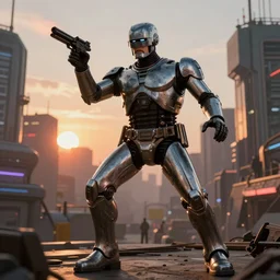 Judge Dredd Battles Robocop In An Futuristic Industrial City , sunset, volumetric lighting, hyperrealistic, beautiful details, HDR, octane render, action shot, wide angle, bokeh, Yasushi Niarasawa Moebius Jim Steranko Style