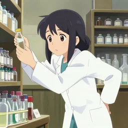 anime visual a young woman in a lab coat looking at vials inside a apothecary shop, cute face by ilya kuvshinov, makoto shinkai, kyoani, masakazu katsura, dynamic pose, crisp and sharp, yoshinari yoh, rounded eyes, anime poster, flat, cel shaded