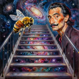oil painting of a stairway filled with galaxies and nebulas by beeple and dali, vivid hyperrealistic, 8 k uhd