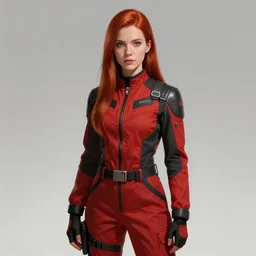 portrait of a woman by greg rutkowski, she is about 2 0 years old, redhead, long straight hair, beautiful oval face, very tall and slender, wearing red and black utilitarian jumpsuit, older sister vibes, highly detailed portrait, scifi, digital painting, artstation, concept art, smooth, sharp foccus ilustration, artstation hq.