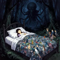 my bed is a forest with a giant cthulhu in the dark and night universe dark color by gaston bussiere, anna nikonova aka newmilky, greg rutkowski, yoji shinkawa, yoshitaka amano, tsutomu niehi, moebius, donato giancola, geoffroy thoorens, trending on artstation, featured on pixiv, cinematic composition
