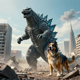 Godzilla fights against a giant Keeshond. Around them is a partially destroyed city of Dusseldorf. 4K