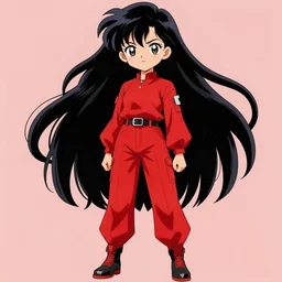 anime girl with a detailed face and black hair in a red outfit, full body, trending, illustration