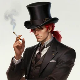a highly detailed illustration of stylish top hat wearing red haired ponytail man, with slight stubble, wearing suit vest, flashy smoking cigarette pose, intricate, elegant, highly detailed, centered, digital painting, artstation, concept art, smooth, sharp focus, league of legends concept art, WLOP