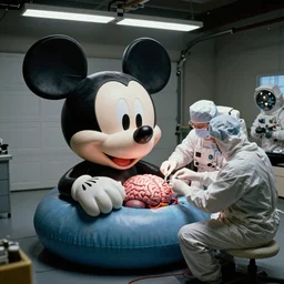 garage surgery wing, huge float mickey mouse decaying in claw center left, brain operation by mechanic surgeon astronauts, beeple grainy movie still