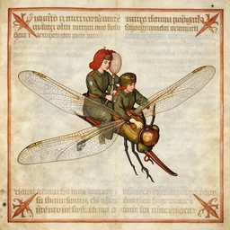 a man and a woman in military uniforms ride a giant dragonfly in the style of a medieval manuscript