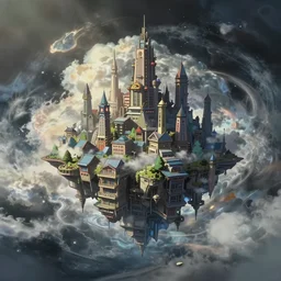 Floating solarpunk city in a lunar cloudy vortex of light, by makoto shinkai and alena aenamia nd dan mumford