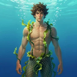 full figure portrait of a single beautiful young fit male fish - man with curly hairs, dressed in fluent clothes made of seaweeds and nets, by greg rutkowski and alphonse mucha, d & d character, gradient cyan to blue, underwater bubbles background, highly detailed portrait, digital painting, artstation, concept art, smooth, sharp focus ilustration, artstation hq