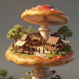 a tiny medieval marketplace on top of a giant shelf mushroom, digital art, trending on artstation, beautiful lighting
