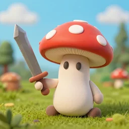 a claymation mushroom holding a cardboard sword