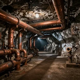 underground copper mine, rusty pipes, high ceiling