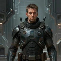 portrait scifi art by Greg Rutkowski, a man wearing futuristic riot control gear, claustrophobic and futuristic environment, detailed and intricate environment, high technology, highly detailed portrait, digital painting, artstation, concept art, smooth, sharp foccus ilustration, Artstation HQ