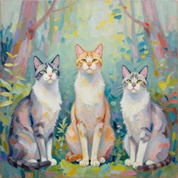 highly detailed contemporary acrylic painting of really tall sitting cats by greg tocchini, thick brush strokes and visible paint layers, dense overgrown forest background, vivid pastel color scheme
