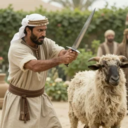 cinematic still of angered middle eastern skinned man in ancient Canaanite farmer clothing stabbing a middle eastern skinned shepherd in ancient Canaanite shepherd clothing, garden background, directed by Christopher Nolan