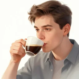 a beautiful artwork illustration, concept art sketch of a close up of a man drinking coffee volumetric fog, god rays, high contrast, high contrast, high contrast, vibrant colors, vivid colors, high saturation, by Greg Rutkowski and Jesper Ejsing and Raymond Swanland and Alena aenami, featured on artstation, wide angle, vertical orientation