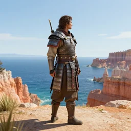 full length portrait of a male warrior standing on the shore looking out at the ocean, rendered in bryce 3 d, ray - tracing, water ripples, sunset, vibrant color, depth of field, cinematic, focused, rule of thirds, trending on artstation