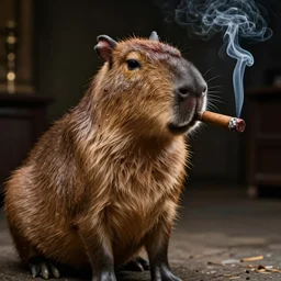 an anatomically accurate capybara wearing a suit smoking a cigar, dramatic lighting, cinematic