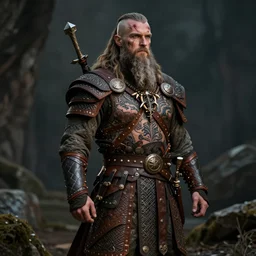 a scenic epic view of wide photo of full body from a very ornated old wizard viking berseker, half shaved haircut, showing nordic tattoos in the chest, scars in the face, long beard, using leather armour with necklace of teeth, photorealistic, volummetric light, detailed, texturized, zeiss lens high professional mode