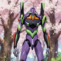 Evangelion Unit 01 standing in a sakura garden, anime in the style of studio ghibli and toei, highly detailed, trending on artstationhq
