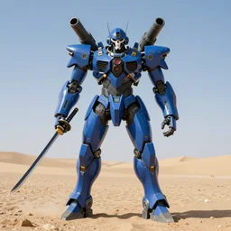 rengoku tower of purgatory, combat android, katana arms, sword arms, shoulder cannon, modern military, skeletal face, military prototype, photography, desert, blue, weapon of mass destruction
