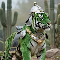 a large green tiger wearing a royal battle saddle and helm, cactuar green fur tone, photo realistic, 4 k