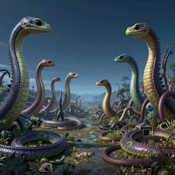 landscape image with various different alien snakelike creatures, extremely detailed digital matte painting, clear skies, night, vibrant, stunning lighting
