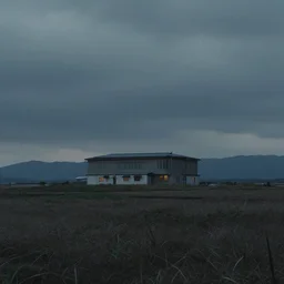 A moody landscape with a singular building in the style of makoto hina