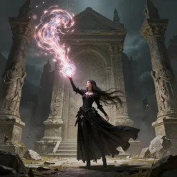 artwork by nuare studio, epic girl mage casting enormous spell, gothic clothes, long hair, digital art, concept art, best of 2023 on artstation style, simulation, structure, fine, wide angle, natural light, volumetric, behind is a tomb of great ancestors