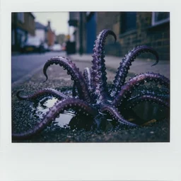 close up eldritch purple tentacles and tendrils coming out of a puddle in a typical uk town. horror. sinister. polaroid
