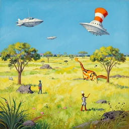 Okavango Delta landscape in the style of Dr. Seuss, starships, painting by Raphael Lacoste