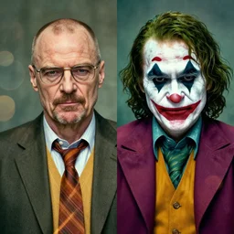 split portrait of saul goodman and walter white as the joker, absurdist bokeh caustics