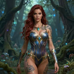 a tattooed beautiful female warrior wearing a magical leotard in a magical forest, beautiful face, medium shot, fantasy art, in the style of greg rutkowski, illustration, epic, fantasy, intricate, hyper detailed, artstation, concept art, smooth, sharp focus, vibrant