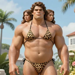 andre the giant with two heads, in a leopard skin bikini