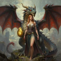 a photorealistic painting of a woman and a dragon, a matte painting by christophe vacher, featured on deviantart, fantasy art, matte painting, storybook illustration, 2 d game art. extremely detailed. realism. symmetry. photorealism. award winning masterpiece. octane render. unreal engine.