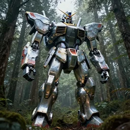 an enormous mecha robot abandoned in a forest.. glittering. reflective.. matte painting. epic. highly detailed. volumetric lighting. ray tracing hdr. hyper realistic. photo realism. trending on cgsociety. simon stalenhag jeremy lipkin marc simonetti and ayami kojima.
