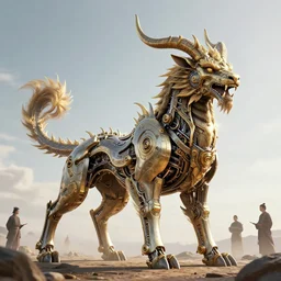 a beautiful octane render of a huge ferocious kylin mythical animals occupy the ground, surrealistic, epic, 8 k hd, light effect, unreal engine, trending on cgsociety, trending on artstation, ultra wide angle,, 3 d render, ray tracing, mechanics, hyper detailed, in the style of dan mumford jesper ejsing jeff easley andreas rocha xision hokusai feifei ruan yizhai shen james jean zigor samaniego, golden ratio, realistic physical rendering, close shot