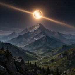 large mountains in the distance, solar eclipse, landscape wallpaper, d&d art, fantasy, painted, 4k, high detail, sharp focus, artstation