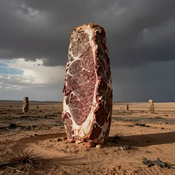 a monolith made of meat in a desolate, charred desert