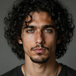 handsome!! hyper realistic man with curly black hair, tan skin, green eyes, anchor goatee | art by hirohiko araki & jean giraud & artgerm